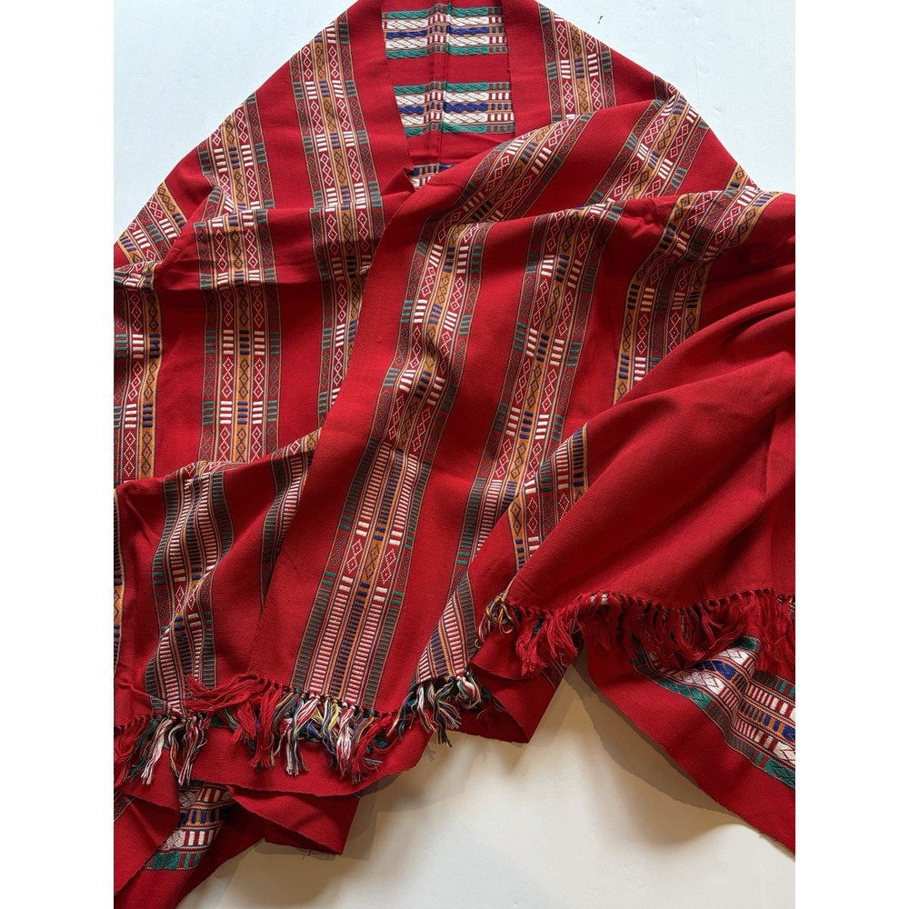 Vintage Manipur Handwoven Cotton Shawl Red Tribal Stripe Fringe India Wrap Throw - Picture 10 of 10